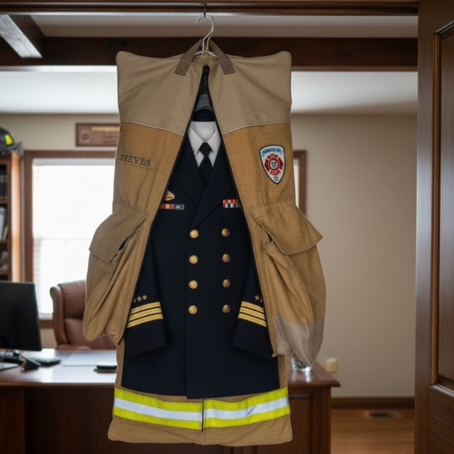Custom Firefighter Garment Bag Made from Real Bunker Gear & Leather