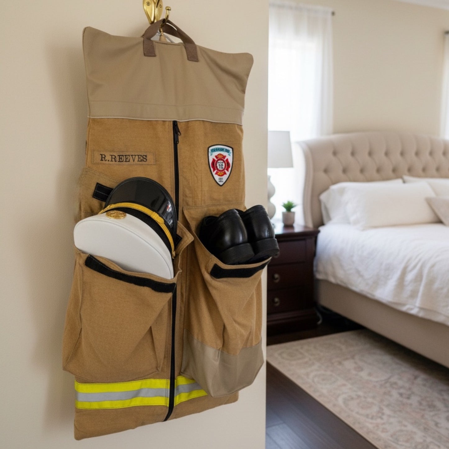 Custom Firefighter Garment Bag Made from Real Bunker Gear & Leather