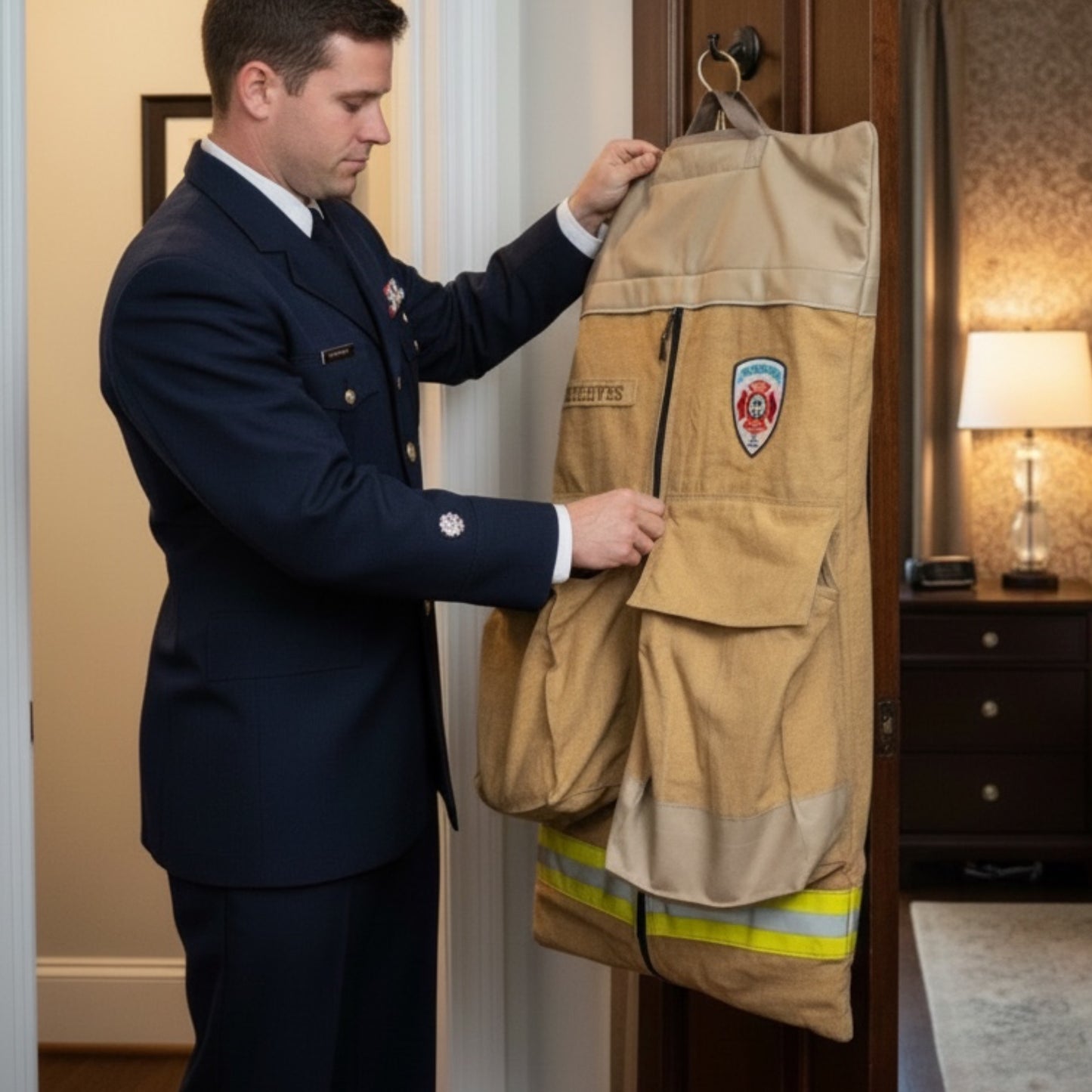 Custom Firefighter Garment Bag Made from Real Bunker Gear & Leather