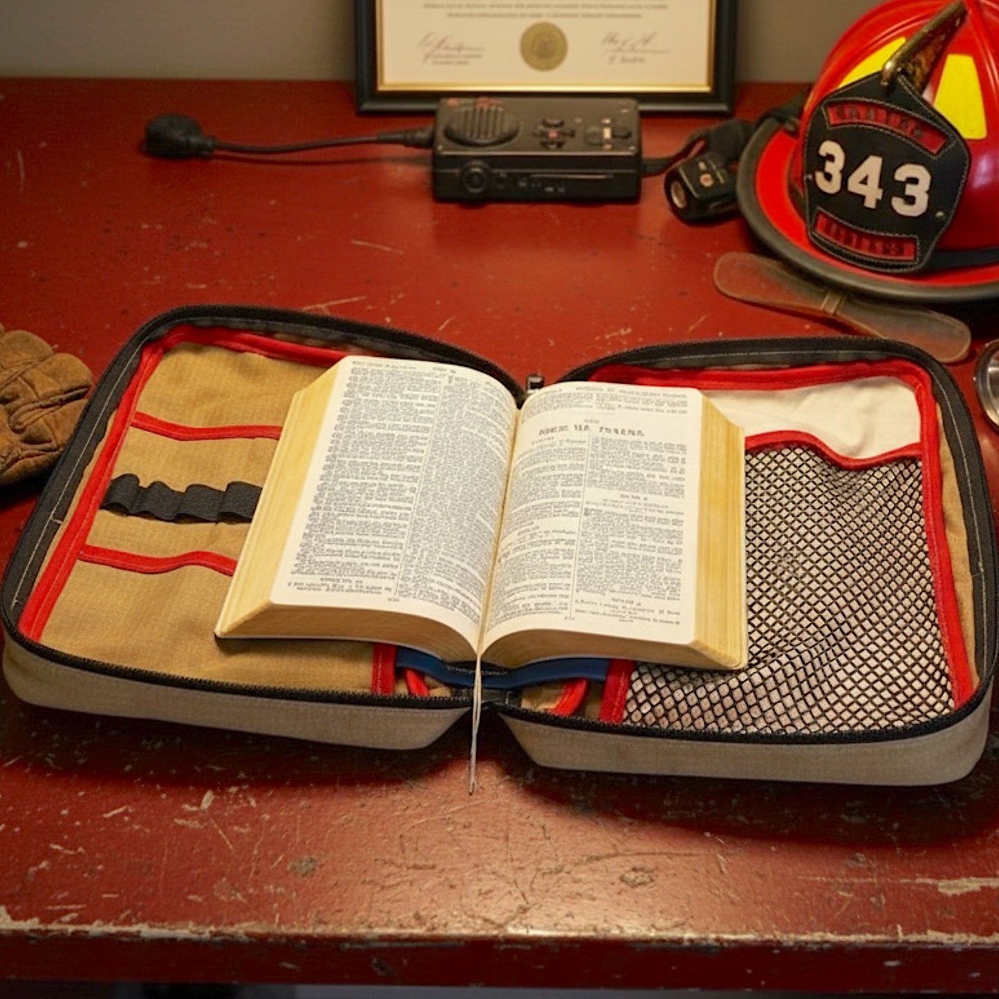 Personalized Firefighter Bible Cover | Handmade Retired Turnout Gear Organizer | Christian Gift