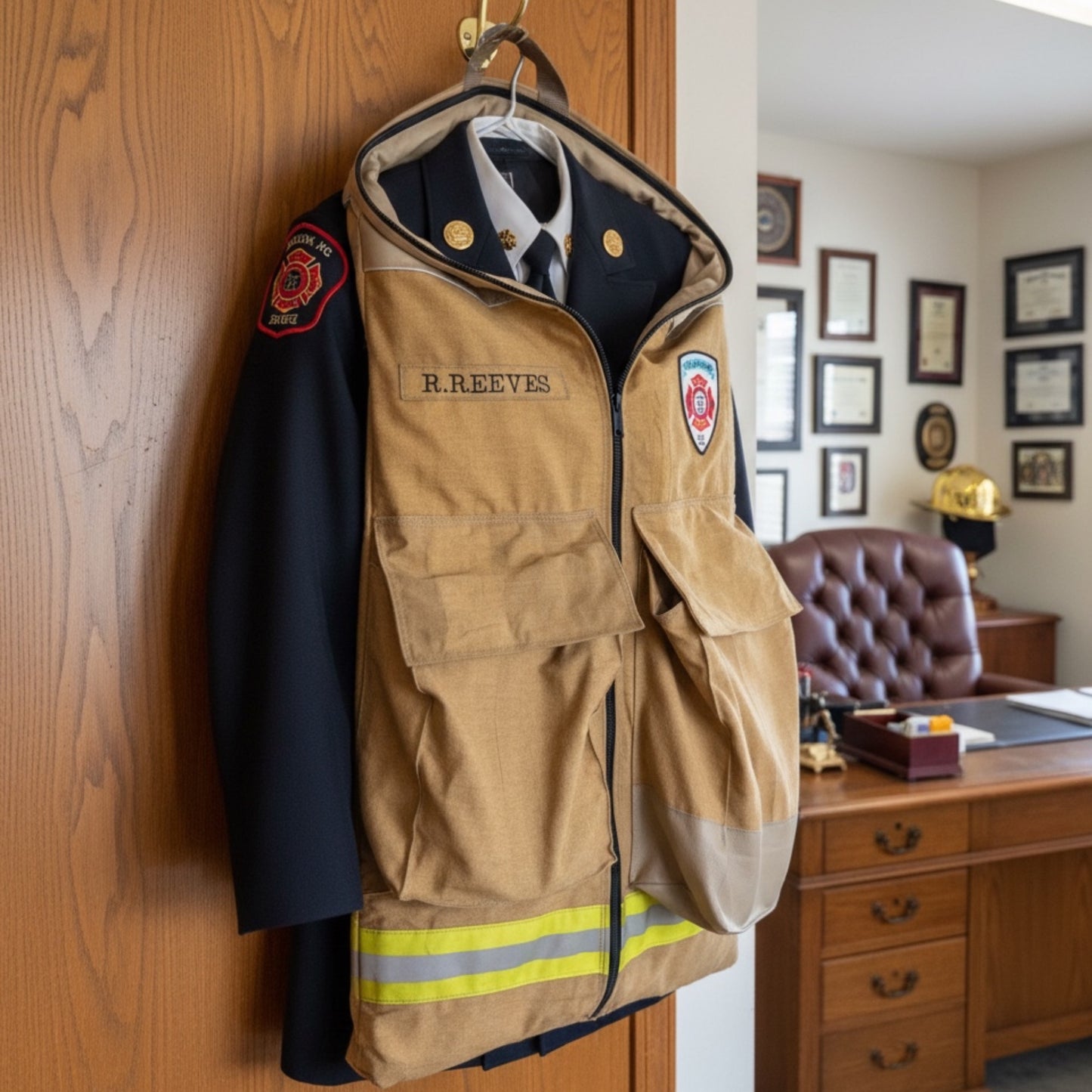 Custom Firefighter Garment Bag Made from Real Bunker Gear & Leather