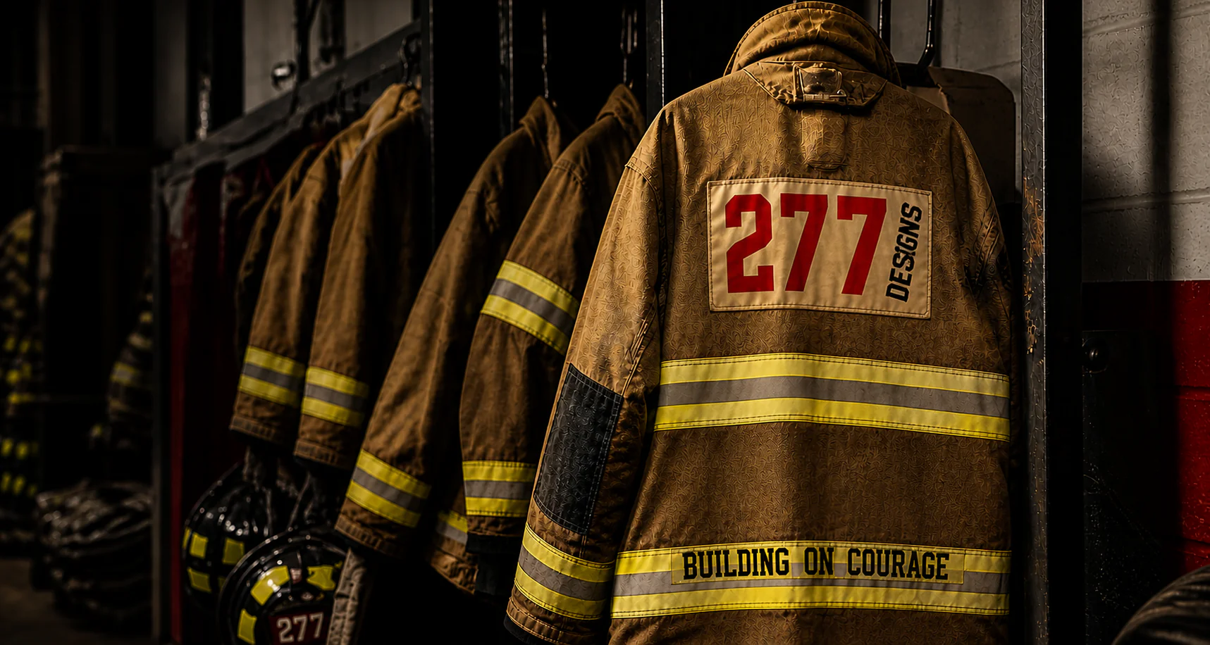 Retired firefighter turnout gear hanging in station